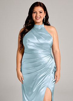 Azazie Jemma Bridesmaid Dresses Sky Blue Sheath Pleated Metallic Satin Dress image12