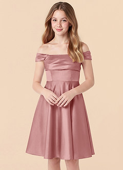 Azazie Amira Junior Vestido de Rosa Polvorienta de Satén Elástico de Corte en A con Plisado image4