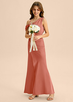 Azazie Madelyn Junior Osłona Zza ramienia Satyna elastyczna Długość podłogi Młodsza druhna Sukienka image5