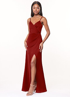 Azazie Maci Robes de demoiselle d'honneur Robe Trapèze en Satin extensible Col V plissé Grenade image3