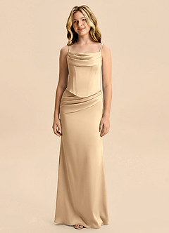 Azazie Sorrel Junior Champagne Mermaid Ruched Stretch Satin Dress image6