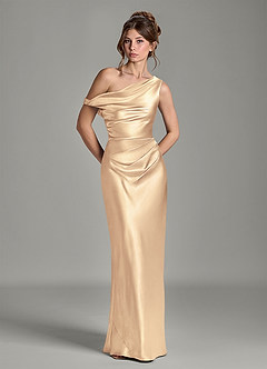 Azazie Emerson Vestidos de damas de honor Vestido Oro de Satén Metálico de Corte Sirena con Hombros descubiertos image3
