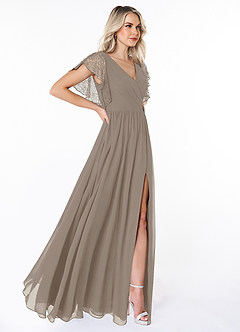 Azazie Zella Bridesmaid Dresses Taupe A-Line Lace Chiffon Dress image4
