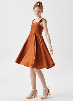 Azazie Amira Junior Cinnamon A-Line Pleated Stretch Satin Dress image4