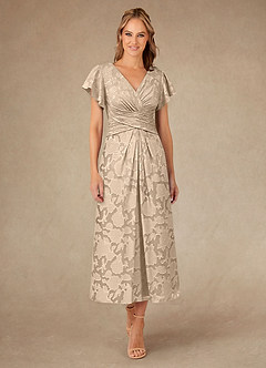Azazie Vera Mother of the Bride Dresses Champagne A-Line Pleated Floral Burnout Dress image1