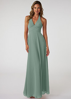 Azazie Tessie Robes à essayer chez vous Robe Trapèze en Mousseline de soie Col V plissé Matcha image1