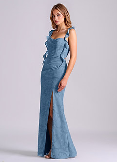 Azazie Jessamine Final Sale Steel Blue Mermaid Corset Floral Burnout Dress image4