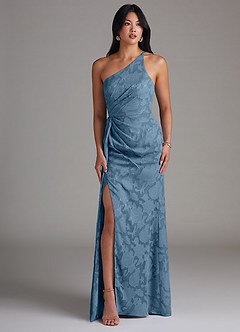 Azazie Mika Bridesmaid Dresses Steel Blue Sheath One Shoulder Floral Burnout Dress image3