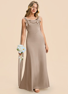 Azazie Chelsea Junior Taupe Sheath Pleated Stretch Satin Dress image3