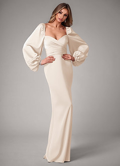 Azazie Sonata Bridesmaid Dresses White Alabaster Sheath Long Sleeve Stretch Satin Convertible Dress image5
