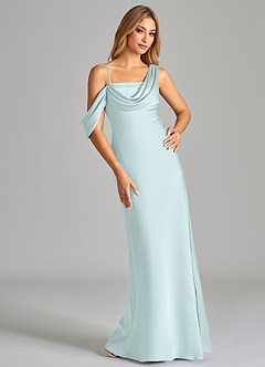 Azazie Celina Bridesmaid Dresses Sea Glass Sheath Off the Shoulder Stretch Satin Dress image1