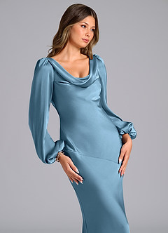 Azazie Rylina Jurken voor bruidsmeisjes Jurk van Stretch Satijn met Zeemeermin Lange mouw Staal Blauw image6