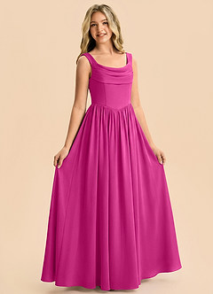 Azazie Novi Junior Vestido Fucsia de Satén Elástico de Corte en A con Plisado image4