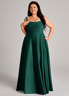 Azazie Shaude Bridesmaid Dresses Emerald A-Line Pleated Stretch Satin Dress image11