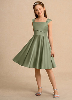 Azazie Budle Girls Formal Flower Girl Dresses Pistachio A-Line Pleated Matte Satin Dress image3