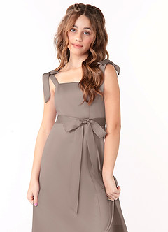 Azazie Barbara Junior Taupe A-Line Bow Matte Satin Dress image5