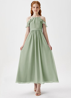 Azazie Chaya Junior Dusty Sage A-Line Off the Shoulder Chiffon Dress image4
