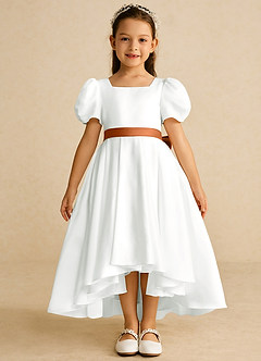 Azazie Zippy Flower Girl Dresses Ivory Copper A-Line with Sleeves Matte Satin Dress image3