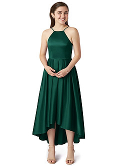 Azazie Jemima Junior Emerald A-Line with Pockets Stretch Satin Dress image4