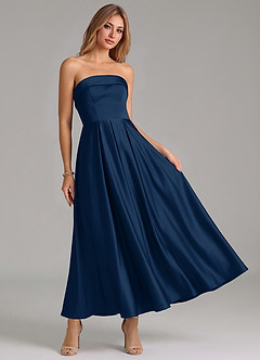 Azazie Lucienne Bridesmaid Dresses Dark Navy A-Line Pleated Stretch Satin Dress image7