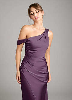 Azazie Madelyn Bridesmaid Dresses Plum Mermaid One Shoulder Stretch Satin Convertible Dress image4