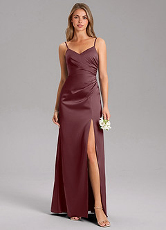 Azazie Azuree Bridesmaid Dresses Sangria A-Line Pleated Stretch Satin Dress image1