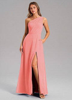 Azazie Phaedra Bridesmaid Dresses Coral A-Line One Shoulder Chiffon Dress image1