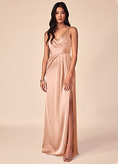Azazie Aqua Bridesmaid Dresses Rose Gold A-Line V-Neck Pleated Stretch Satin Dress image1