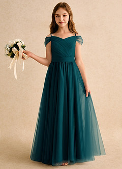 Azazie Yuna Girls Formal 플라워 걸 드레스 A라인 오프 더 숄더 얇실버 명주 그물 플로어 길이 드레스 image3