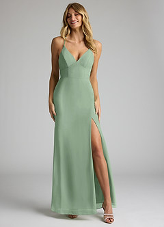 Azazie Becca At-home Try On Dresses Agave Sheath V-Neck Chiffon Dress image4