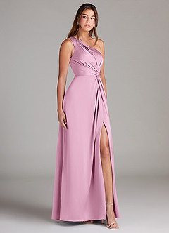 Azazie Brooke Bridesmaid Dresses Candy Pink A-Line One Shoulder Stretch Satin Dress image10
