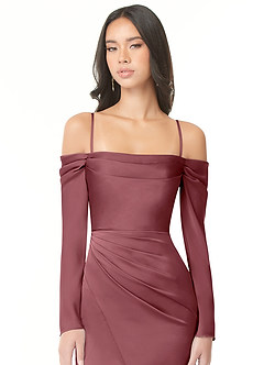 Azazie Hallie Bridesmaid Dresses Desert Rose Sheath Off-The-Shoulder Long Sleeve Stretch Satin Convertible Dress image2