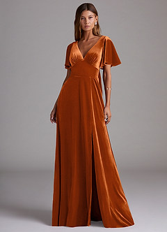 Azazie Kimber Vestidos de damas de honor Vestido de Naranja Quemada de terciopelo de Corte en A con Con bolsillos image4