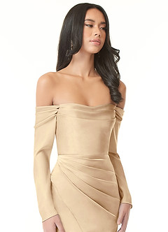 Azazie Hallie Bridesmaid Dresses Champagne Sheath Off-The-Shoulder Long Sleeve Stretch Satin Convertible Dress image1