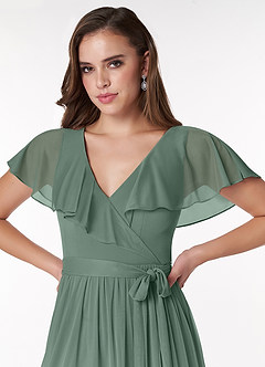 Azazie Jael Bridesmaid Dresses Eucalyptus A-Line V-Neck Mesh Dress image5