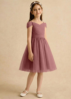 Azazie Lila Girls Formal Robe Demoiselle D'honneur Fillette Robe Trapèze en Tulle Épaule décolletée Rose Du Désert image5
