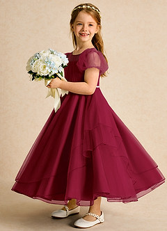 Azazie Duckie Abiti da Ragazza di Fiori Abito Principessa in Tulle Plissettato Borgogna image4