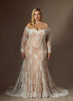 Azazie Katherine Wedding Dresses Diamond White Caramel Mermaid Off the Shoulder Tulle Dress image11