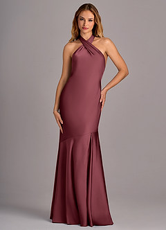 Azazie Lorena Vestidos de damas de honor Vestido de Merlot de Satén Elástico de Corte Sirena con Plisado image4