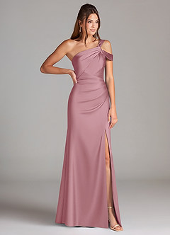 Azazie Wynter Bridesmaid Dresses Vintage Mauve Sheath Off the Shoulder Stretch Satin Dress image4