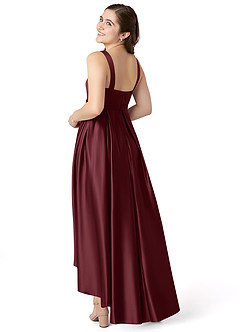 Azazie Inaya Junior Cabernet A-Line with Belt Stretch Satin Dress image4