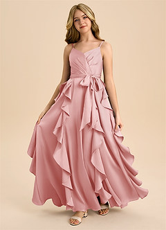 Azazie Peyton Junior Powder Pink A-Line Pleated Stretch Satin Dress image5