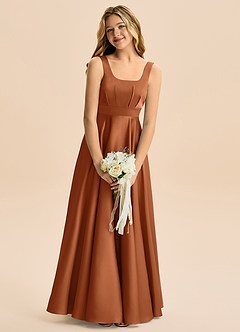 Azazie Gabby Junior Linia A Pofałdowany Satyna elastyczna Długość podłogi Młodsza druhna Sukienka image1