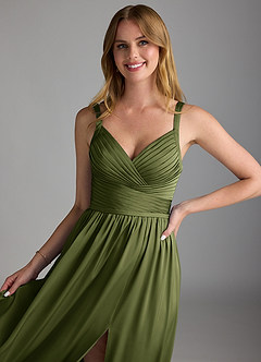 Azazie Chanel Bridesmaid Dresses Olive A-Line Pleated Stretch Satin Dress image3