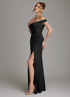 Azazie Teyana At-home Try On Dresses Black Sheath Off the Shoulder Stretch Satin Dress image6