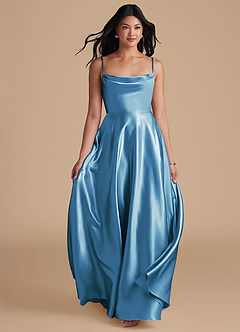 Azazie Elle Bridesmaid Dresses Steel Blue A-Line with Pockets Metallic Satin Dress image9