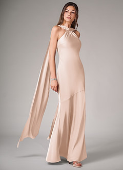 Azazie Kinsley Bridesmaid Dresses Blushing Pink Mermaid Side Slit Stretch Satin Dress image3