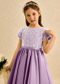 Azazie Cashew Flower Girl Dresses Wisteria Ball-Gown with Sleeves Matte Satin Dress image6