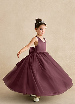 Azazie Peanut Robe Demoiselle D'honneur Fillette Robe Trapèze en Tulle Bretelle Sangria image5