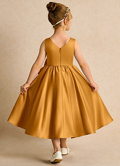 Azazie Hermia Robe Demoiselle D'honneur Fillette Robe Trapèze en Mat Satiné Sans manches Caramel écossais image2